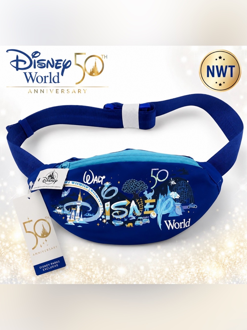 Disney World 50th Anniversary Fanny Pack Blue Belt Bag NWT Icons Park Exclusive